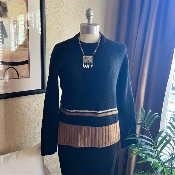J. Crew Sweaters - J Crew 100% Wool Striped Black, Tan, Cream Crewneck Sweater Size Small